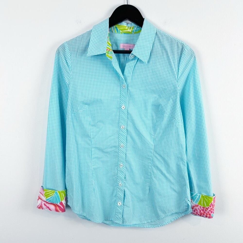 Lilly Pulitzer Blue Gingham Button Down Dress Shirt Size 6 100% Cotton